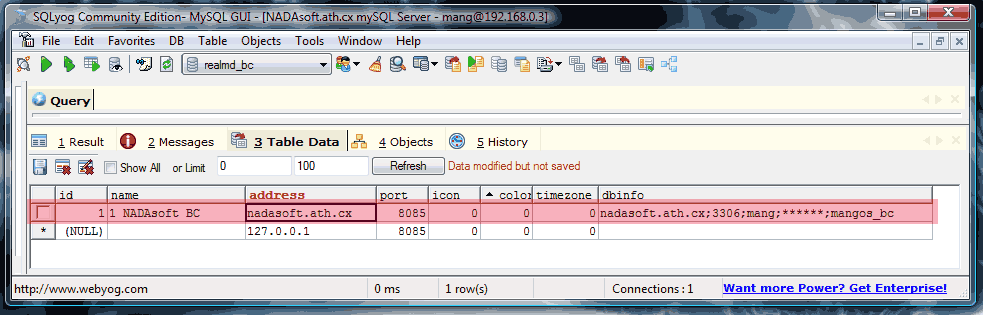 MySQL connection details for the server host